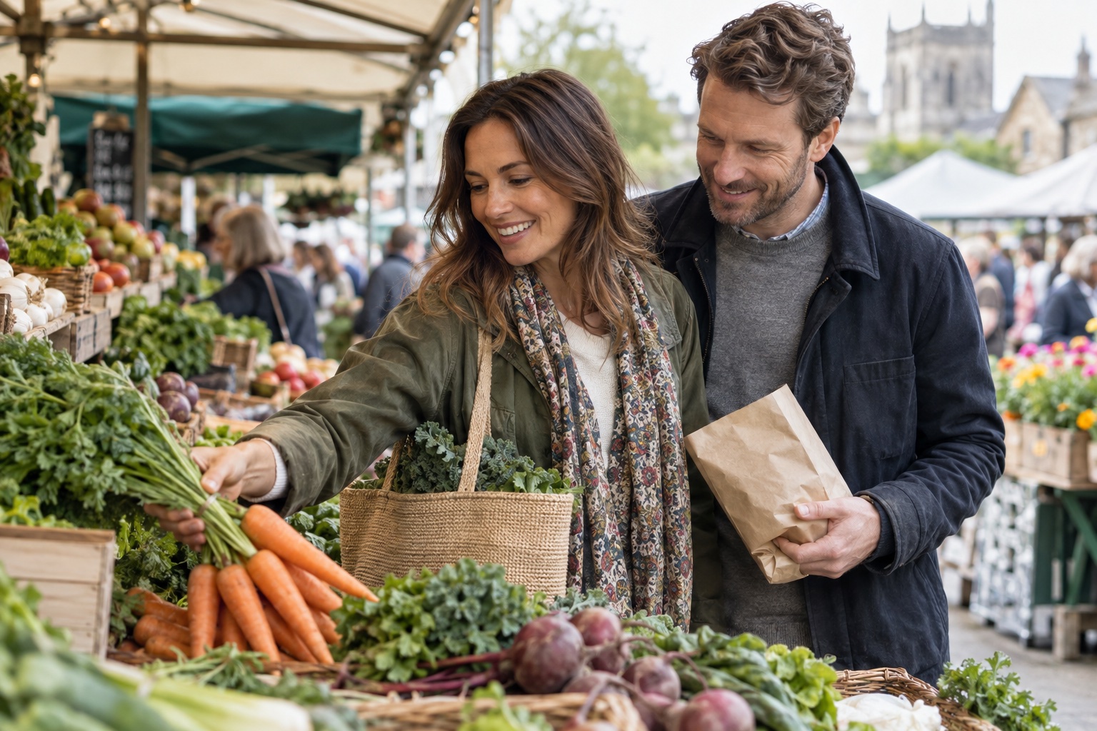 A couple sharing the weekly food shop at a market